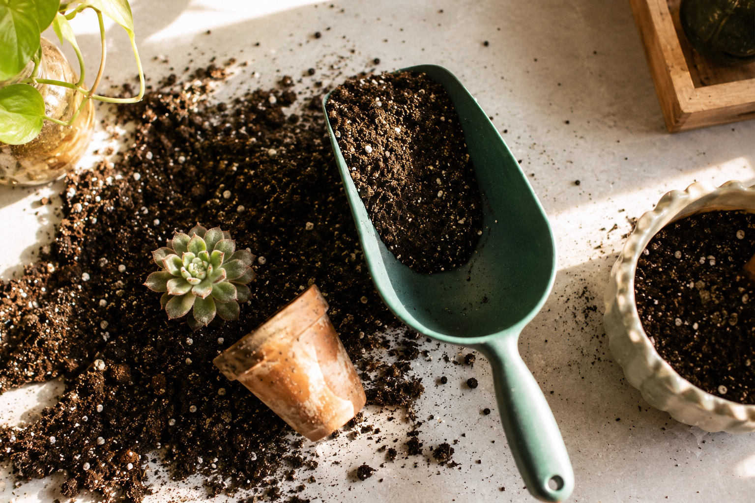 A green garden scoop full of dark soil next to a small succulent, an empty terra cotta pot, and potted plants dusted with soil.