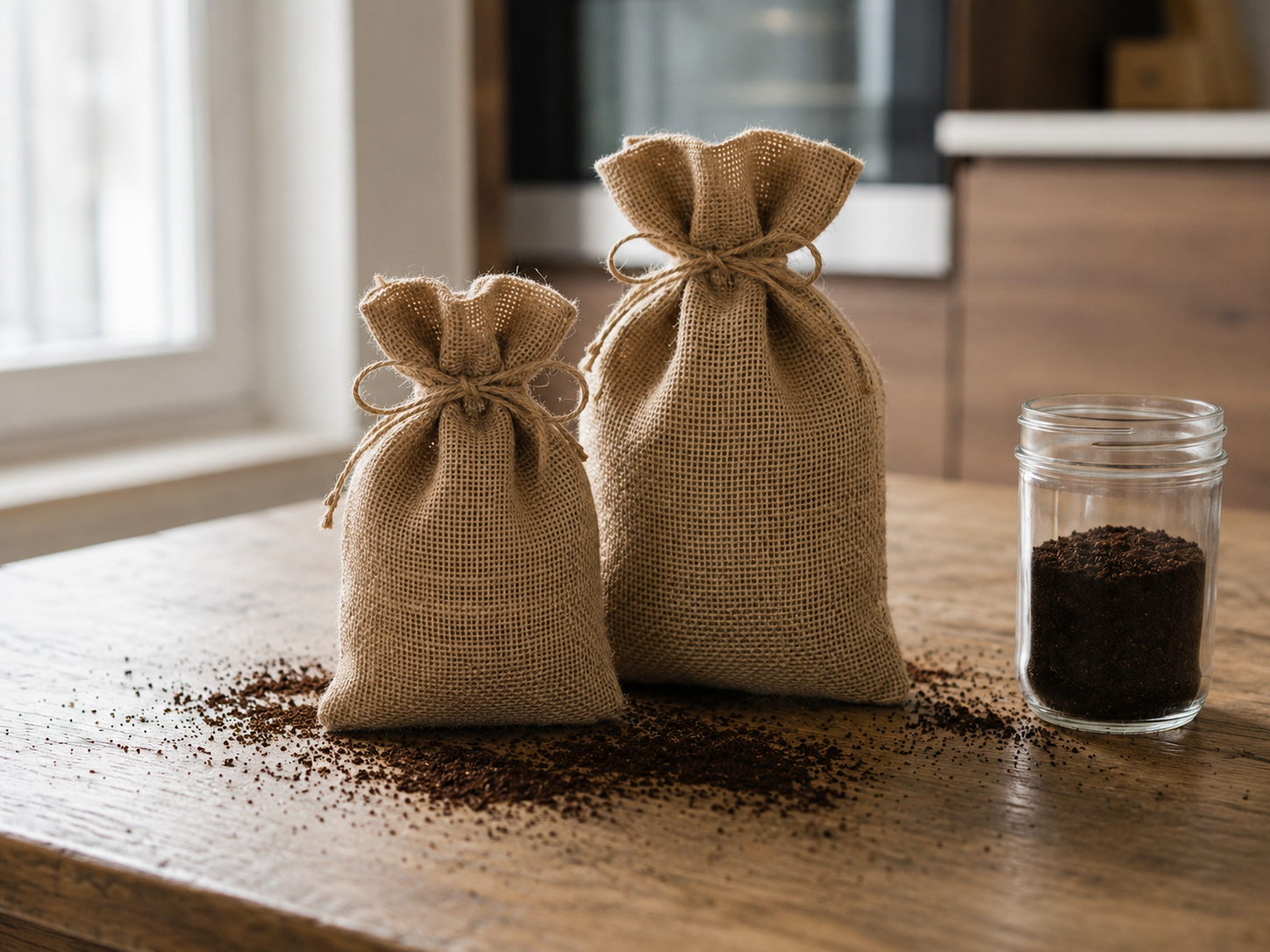 Two burlap drawstring sachets beside a small glass jar of dried coffee grounds, with loose grounds scattered on a wood counter.