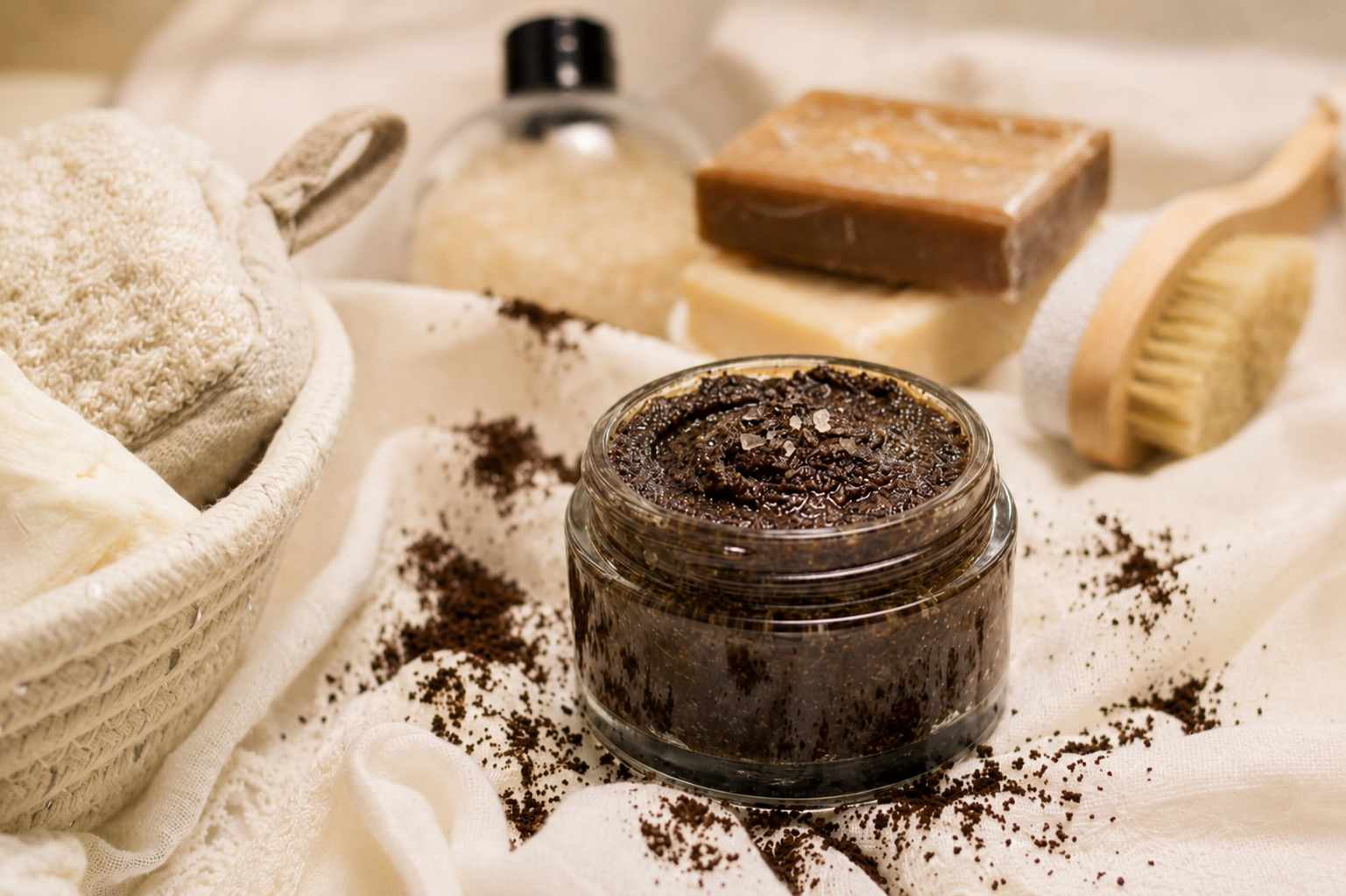 An open jar of coffee scrub surrounded by soap bars, a loofah, and a bristle brush, with coffee grounds scattered on linen.